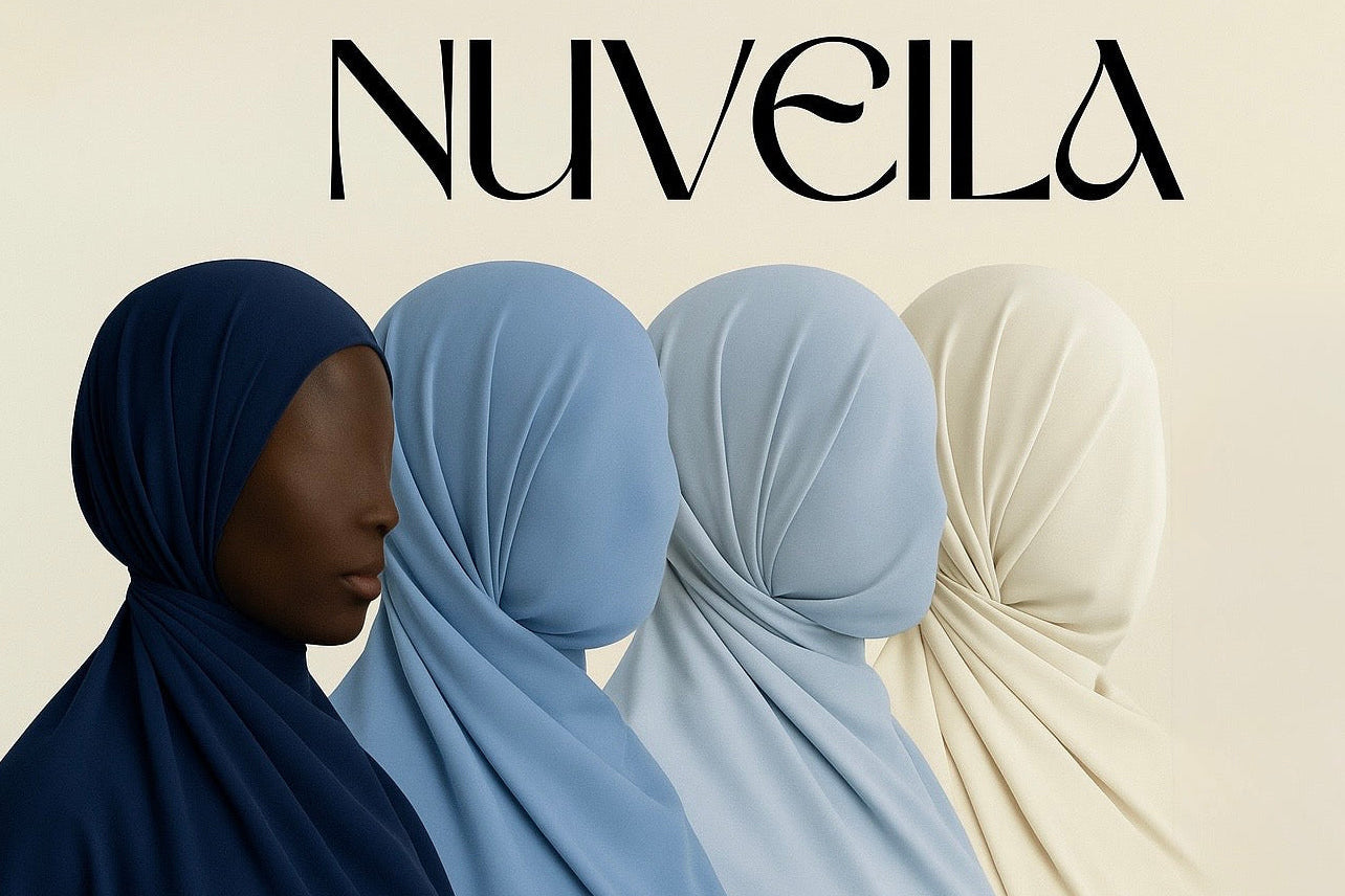 Four hijabs in different colors with 'NUVEILA' brand name above on a beige background